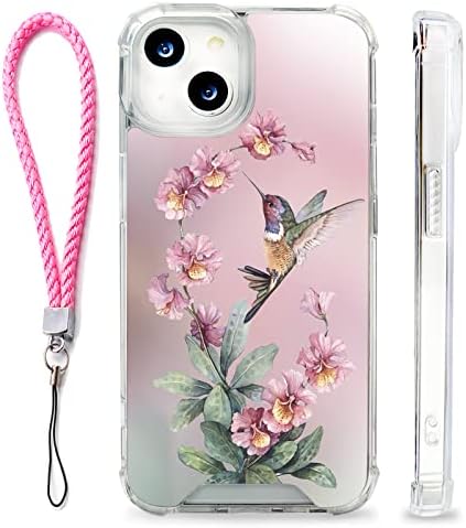 Elgzigok EChaopeng Transparent Case for iPhone 14 Plus Hummingbird Pink Flower Phone Cover with Wrist Strap Lanyard, Silicone Protective Case for iPhone 14 Plus Shock-Proof Four Corners Reinforced