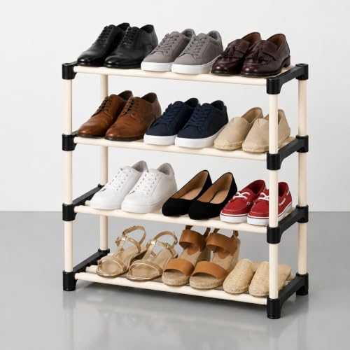 Image of GOLABROS 4 Tier Shoe Rack | Durable Plastic & Metal Shoe Stand | Multipurpose Footwear Storage Organizer | Space Saving Rack for Home, Bedroom & Entryway | Black