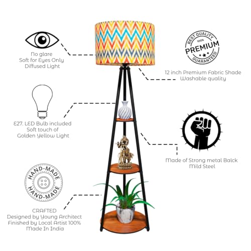 Image of Rellon Floor Lamp with 3 Storage Shelves, Metal FloorLamp for Living Room Standing Home Decoration FloorLamp Shade Reading for,Office,Kitchen,Bedroom (A5)