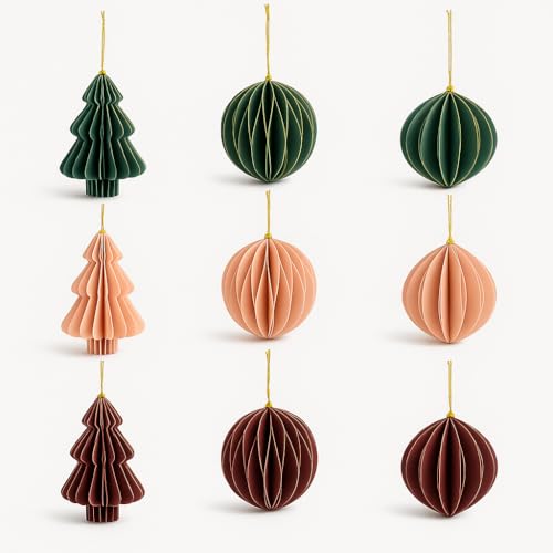Weihnachtsbaumschmuck aus Papier – 9er Set in 3 Farben & 3 Motiven, Papier Weihnachtskugeln für Weihnachtsbaum & Christbaum, nachhaltiger Baumschmuck, dekorative Weihnachtsdeko