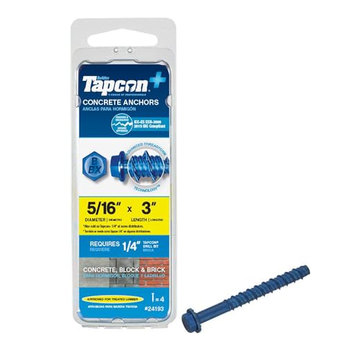 Tapcon+ 5/16 x 3 Inch Heavy-Duty Hex Head Concrete Anchors, 4 PCS, Corrosion Resistant Blue Climaseal™ Coating, Outdoor Rated Use, Concrete Block &amp; Masonry Brick Screws, Drill Bit Sold Separately