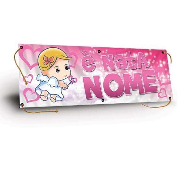 M-Italy STRISCIONE FONDALE NASCITA - BAMBINA ANGEL - STRISCIONE PERSONALIZZATO IN CARTA O IN BANNER PVC ANCHE DA ESTERNO GARANZIA 5 ANNI (Banner, 100x300 cm)