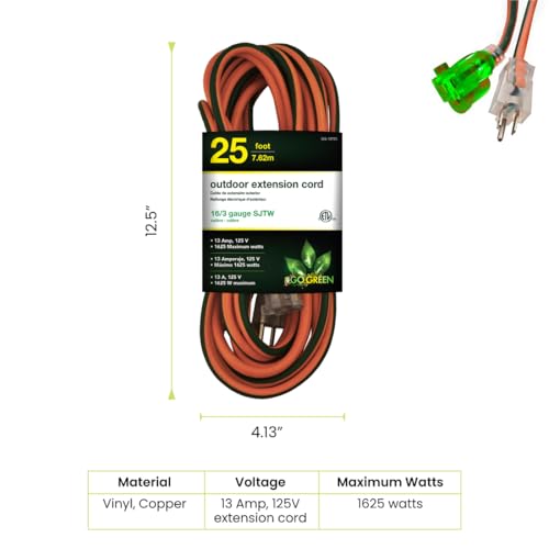 Go Green Power Inc. 16/3 25ft Outdoor Extension Cord with Lighted End - Contractor Grade, Durable, and Moisture Resistant - Ideal for Heavy Duty Tools - GG-13725 image 2