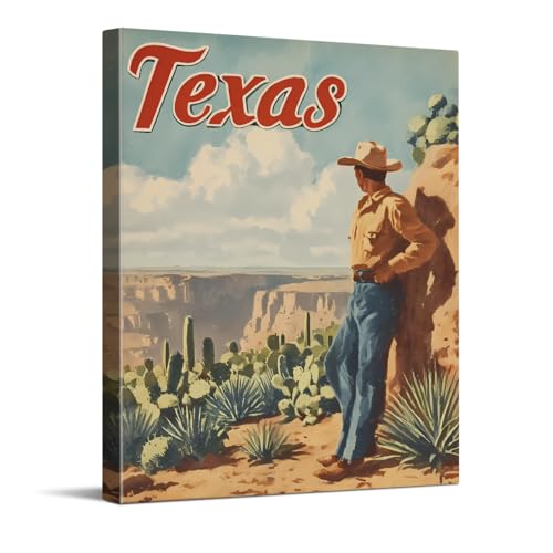 CYFDYVT Texas Cowboy Wall Art Vintage Western Landscape Canvas Print Retro Texas State Travel Poster Desert Canyon Cactus Artwork Rustic Wall Decor for Office Bedroom Living Room Man Cave 8x10 Inch