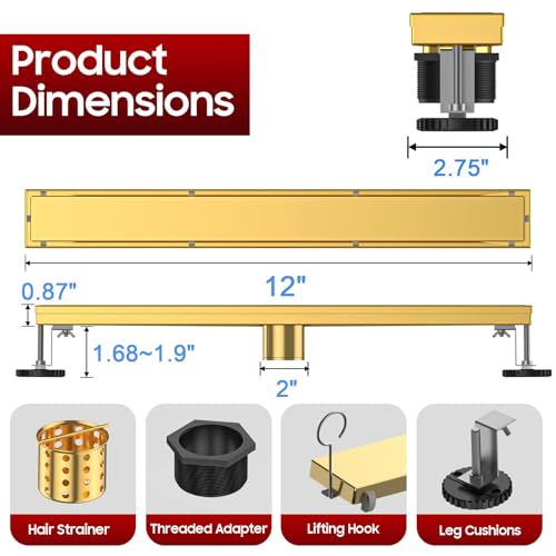 Image of DLONE Linear Shower Drain - 12 Inch Brushed Gold, with Tile Insert Panel
