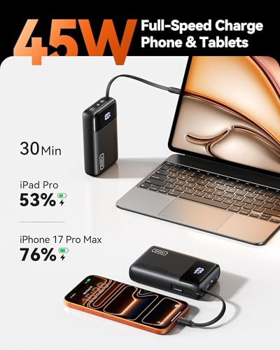 Image of INIU 20000mAh Power Bank, Small 45W PD Fast Charging Portable Charger with Built-in USB C Cable, Flight-Safe Travel External Phone Battery Pack for iPhone 17 Pro Max Samsung S26 iPad etc, Jet Black | Flight-Safe, Built in USB-C Cable, Travel Essential, Battery Phone Pack for iPhone 17 16 Pro, Samsung S26 etc, Jet Black
