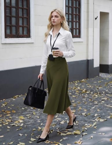 Image of Women's Business Casual Midi Skirt, High Waist Flowy Skirts with Pockets | Flowy, Work, Basic, Elegant, Teacher, Formal, Office, Funeral, Church, Fashion, Outfits, Clothing