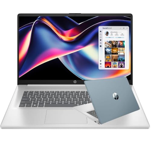 HP 17.3“ Laptop with Fingerprint Reader, 16GB RAM, 256GB SSD Storage, Intel Core, 10 Key Number Pad, No Mouse, Office 365 for The Web, Fast Charge, USB-C, HDMI, Windows 11 Home, Silver Blue