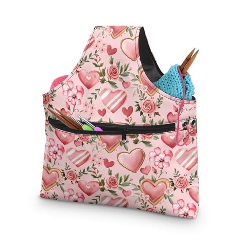 Image of KUIFORTI Pink Rose Knitting Tote Bag Love Heart Travel Knitting Yarn Storage Bag Organizer for Valentines Day Lightweight for Holding Yarn Crochet Needles, Knitting and Crochet Supplies