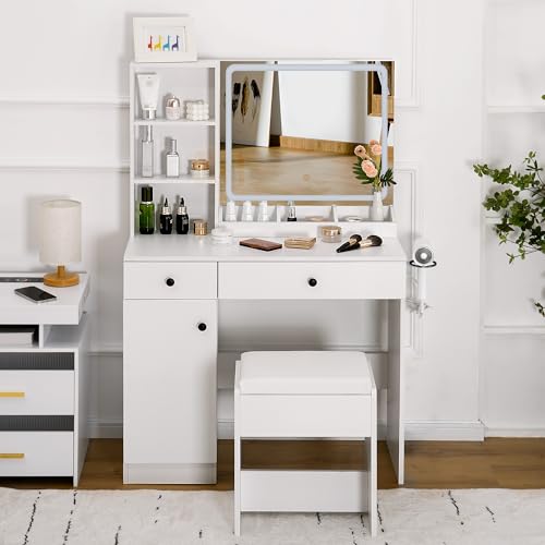 KAMABOKO Vanity Desk with Mirror & LED Lights & Power Outlet, Makeup Vanity Table with Drawers and Storage Cabinets, White Dressing Table for Bedroom - Image 6