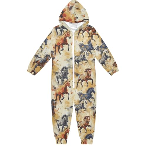 CHIFIGNO Enterizo unisex con capucha para niños y niñas, divertido disfraz de cosplay para niños y niñas, Caballos corrientes de acuarela-1, 5-6 años