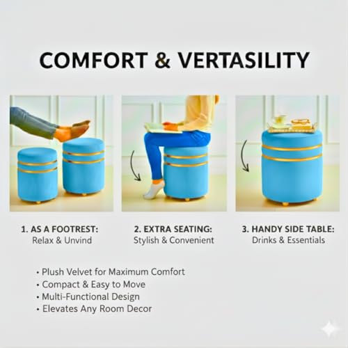 Image of Decorative Ottoman Pouffes for Sitting - Two-Piece Set of Puffy Stools and Footstools - Round Ottoman Stool for Living Room Furniture (Sky Blue)