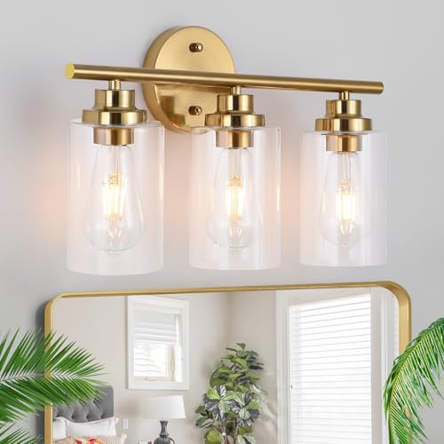 Image of 3-Light Bathroom Light Fixtures, Gold Modern Vanity Light with Clear Glass Shade, Bathroom Lighting Fixtures Over Mirror, Bathroom Wall Lamp for Mirror Living Room Bedroom Kitchen Hallway
