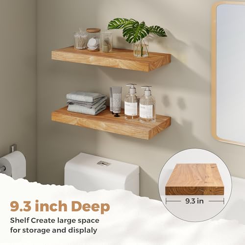 Image of RICHFOCUS Elm Floating Shelves for Wall - 24 inch W x 9.3 inch D Rustic Solid Wood Shelves with Invisible Bracket, Wall-Mounted for Living Room, Bedroom, Kitchen Storage & Display, Set of 2, Natural