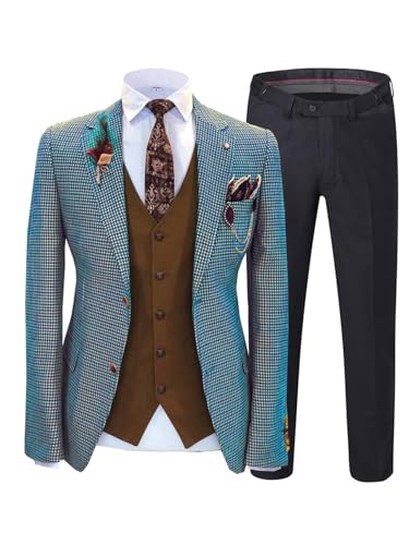 Men Party Tuxedo Jacket Vest & Pant 3 Pieces Houndstooth Dogstooth Retro Plaid Check Notch Lapel Blazer Prom Suits2