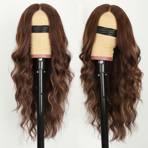 Image of AISI HAIR Auburn Brown Wigs for Women, Long Wavy Synthetic Lace Wig 26Inch
