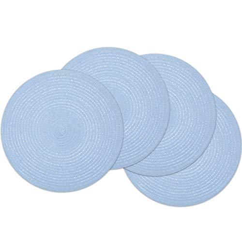 Image of SHACOS Round Braided Placemats Set of 4 Washable 15 inch Round Non Slip Table Place Mats for Dining Tables (Light Blue, 4)