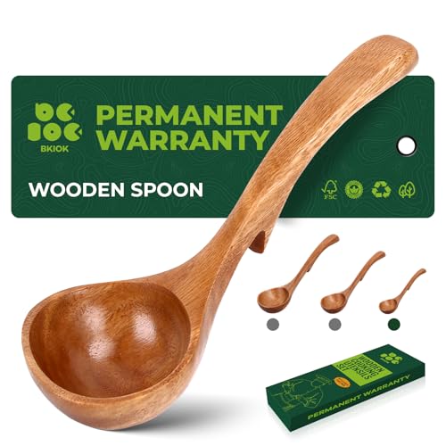 Bkiok Wooden Soup Ladle,Wooden Ladle for Cooking, Small Size Teak Wood Serving Spoon with Back Hooks Kitchen Utensils for Cooking Stirring Serving (7.6x2.4Inches)