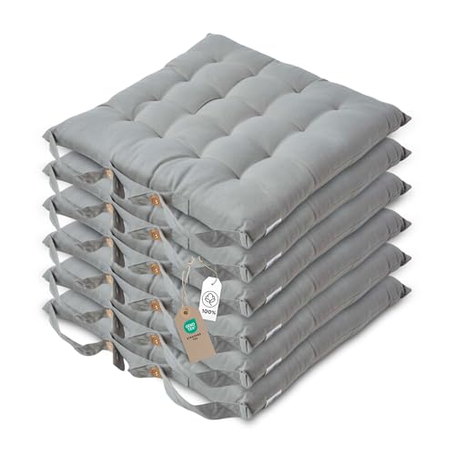 Homescapes 6er Set Stuhlkissen 40x40 cm grau – Sitzkissen Outdoor/Indoor mit Baumwollbezug, Sitzpolster waschbar und Oeko-TEX-Zertifiziert für Esszimmer-, Küchen- & Gartenstühle