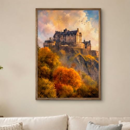 Image of Livin'luxe Castle Mountain Landscape Wall Painting for Living Room Bedroom Hall Office Decor, Vintage Autumn Artwork with Sparkle Laminate and Premium Wooden Synthetic Frame (19.5 x 25.5 Inch) NL01-4113