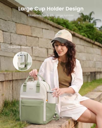 Image of LOVEVOOK Laptop Backpack for Women with Giant Tumbler Holder Pocket, 15.6 inch Laptop Computer Bag Travel Backpack Purse, Waterproof Work Nurse Teacher Bag College School Bookbag, Pea Green & Beige