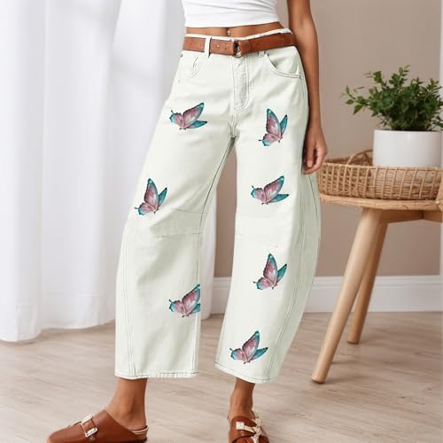 Akivide Women's Baggy White Floral Print Wide Leg Cropped Jeans Trendy Casual Loose Y2k Stretchy Boyfriend Denim Pants2
