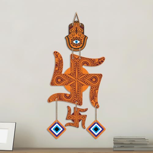Image of Artvibes Traditional Swastik Wall Hanging with Hamsa Hand & Evil Eye Charms | Wooden Vastu Decor for Home Entrance | Temple | Spiritual Hanging for Prosperity | Protection and Good Luck (WH 85104N)