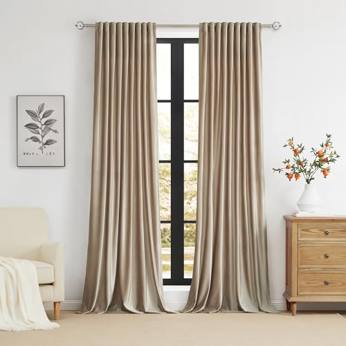 Image of 100% Full Blackout Champagne Beige Polyester Velvet Curtains 96 inch Long for Living Room,Set of 2 Liner Rod Pocket Back Tab Thermal Window Curtains Room Darkening Heavy Decor Drapes for Bedroom