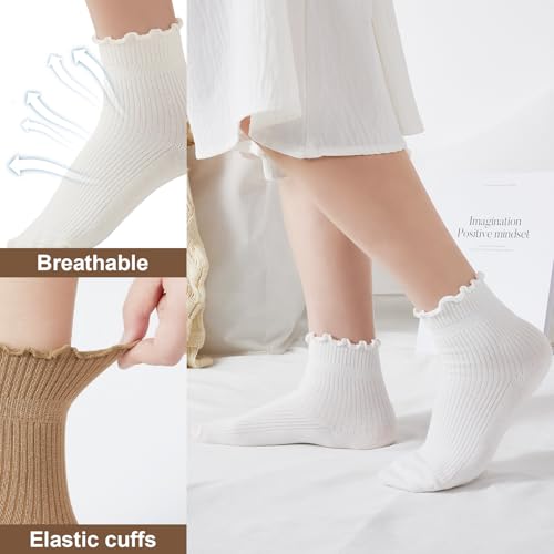 Women's Ruffle Ankle Socks (6-Pairs), Cotton Blend Comfortable Soft & Breathable, Cute Frilly Ankle Socks -Size 5-93