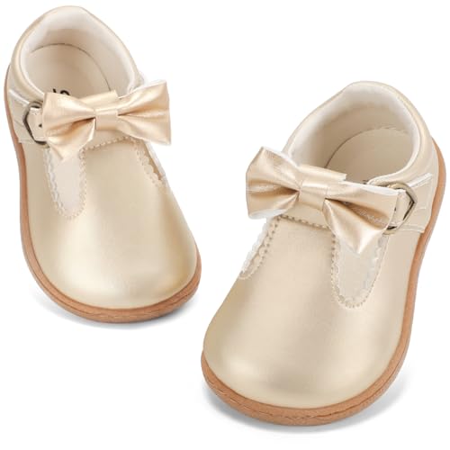 STQ Toddler Girls Dress Shoes Wide Toe Box Mary Jane Flats Ballet Wedding School Uniform Flower Ballerina Baby First Walking 6-12 12-18 Months Babies Casual with Zero Drop Gold Toddler Size 7