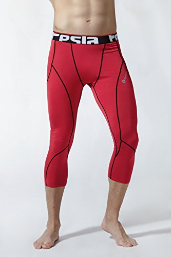 Tsla Men's 3/4 Compression Pants, Running Workout Tights, Cool Dry Capri Athletic Leggings, Yoga Gym Base Layer, Zero Pants Red, Large #TOP7