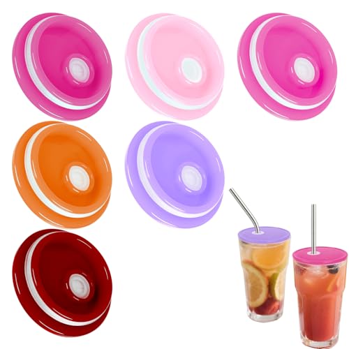 6 Pack Acrylic Lids for 16 oz Glass Cups-2.75 inch/70 mm, Multicolored Soda Can Lids with Straw Hole Fit both 16oz and 20oz Mason Jar,Snow Globe Tumbler Supplies(Pink Color Palette)