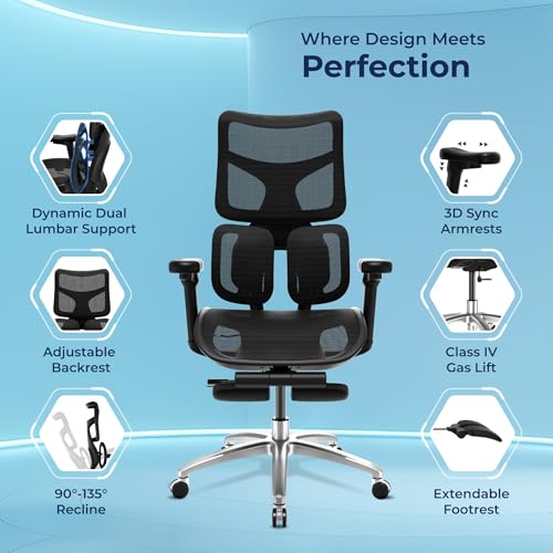 Image of The Sleep Company Elite Premium Ergonomic Chair| Dual Dynamic Lumbar Suspension| Advanced Adaptive Comfort| Extendable Footrest| 4D Armrests| Work from Home and Office | Free Installation | Black