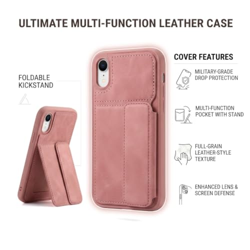 Image of amazon basics Luxury Vegan Leather Back Cover for iPhone XR | Built-in Card Holder Slot | Integrated Mobile Stand | Slim Shockproof Protective Case with Stitched Finish - Pink