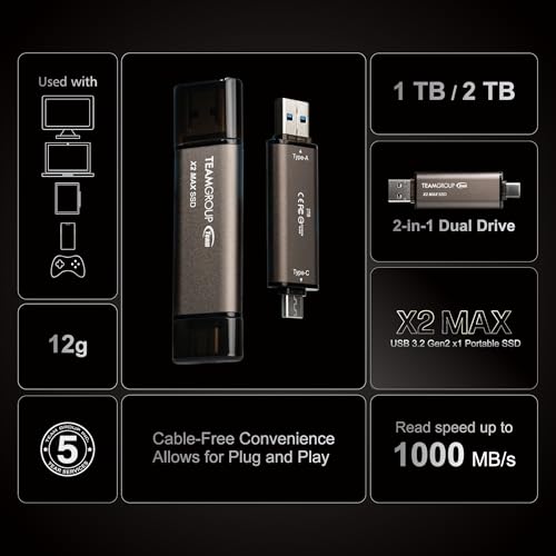 Image of TEAMGROUP 1TB X2 MAX External /Portable SSD 1000MB /s, Dual USB Hard Drive Compatible with iPhone17&iPad&Mac, Steam Deck /PC /Windows /Android /PS5 /Laptop /Tesla, Type C &A, USB 3.2 Gen2 TX2MAX31TBT01