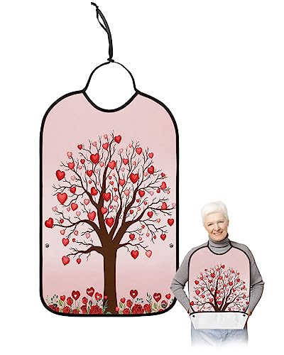 Valentine's Day Adult Bib for Eating with Crumb Catcher,Washable & Waterproof Terry Cloth Adjustable Elderly Women Men Adult Bibs Funny Apron Clothing Protector Red Pink Love-Tree Saint Rose Flower