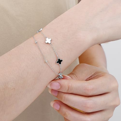 Sterling Silver 4-leaf clover Charm Bracelet with Adjustable Agate Links, Gift for Women, Girls, Rose Gold Peacock Green4