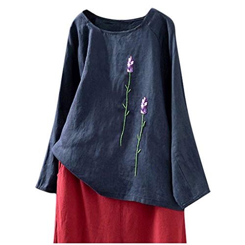Preisvergleich Produktbild Alwayswin Damen Langarm Leinen Oberteile Loses Beiläufiges Tuniken Langarmshirts Frauen Plus Größen Stickerei Blusen Feste Hemd Vintage Freizeithemd Tops