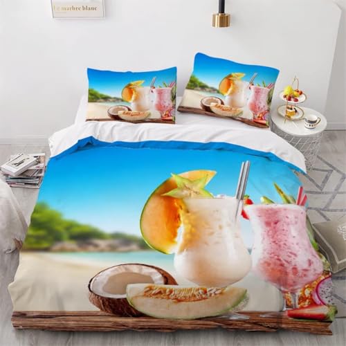 Noix de Coco Housse de Couette 160x200 Parure de Lit Boissons de Bord de Mer Microfibre Impression 3D Une House de Couette et Deux Taies d'oreiller (65x65 cm) A.3375