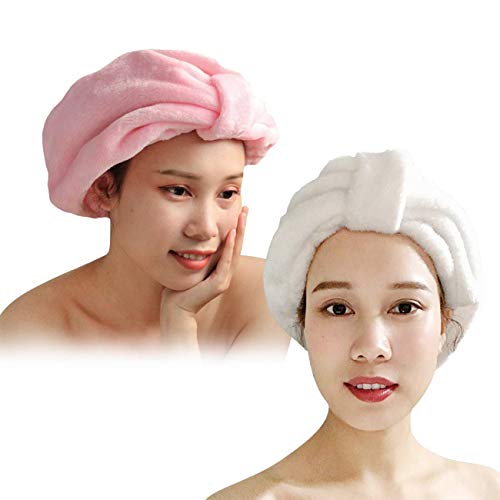 NAEE 2 Packs Microfiber Hair Turban Cap for Women Reusable Washable Quick Dry Towels Soft Super Absorbent Ladies Sleep hat Premium Thick Light Fabric Wrap Hair Hat for Girls (White Pink)