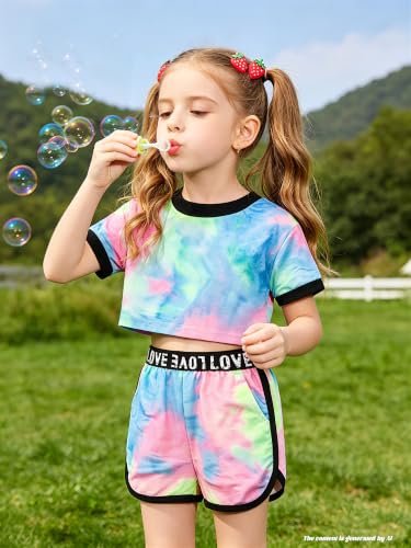 Image of Betusline Girls Summer 2 Piece Outfits,Kids Short Sleeve Crop Top & Shorts Set with Side Pockets