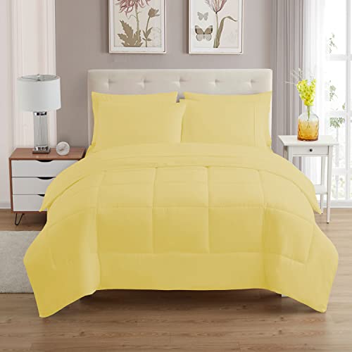 Sweet Home Collection 7 Piece Comforter Set Bag Solid Color All Season Soft Down Alternative Blanket & Luxurious Microfiber Bed Sheets, Yellow, Twin XL