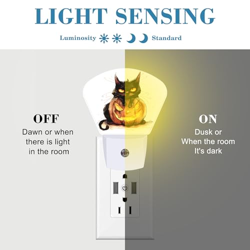Image of Halloween Black Cat Night Light for Kids, Halloween Pumpkin LED Night Light Plug into Wall with Dusk to Dawn Sensor for Girls Boys Women Men Bedroom, Hallway, Kitchen, Bathroom, Stairs Decor
