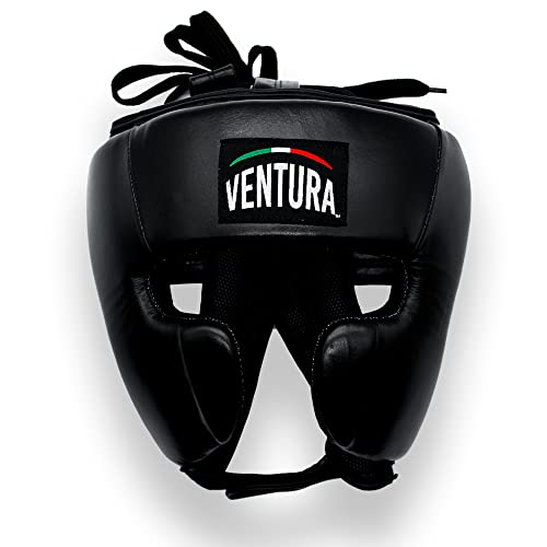  VENTURA Caschetto da Boxe Kick Boxing Muay Thai MMA VERA PELLE da Combattimento, da Allenamento, per Sparring, Pugilato, Uomo Donna, Nero XS S M L XL (X-Small)
