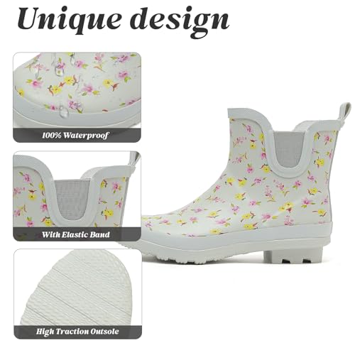 Image of SWIFTFROG Rain Boots for Women - Waterproof Ankle Garden Shoes Anti-Slipping Floral Printed Rainboots for Ladies Stylish Light Ankle Rain Shoes, Women's Rain Footwear