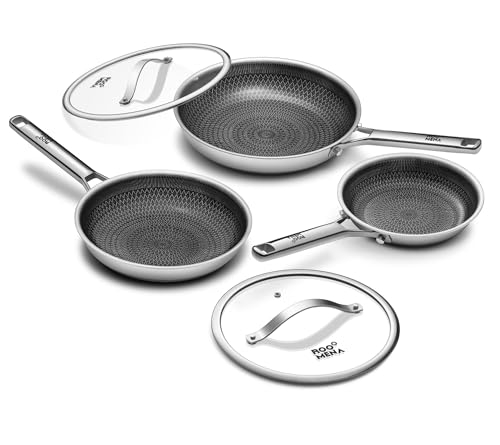 Roomena Nonstick Frying Pan Set with 2 Lid, Non-Toxic Tri-Ply Hybrid Ceramic Skillet 3 Piece, 8, 10 & 12 Inch Stainless Steel Pans, PFAS/PFOA/PTFE Free, Dishwasher & Oven Safe, Induction Compatible