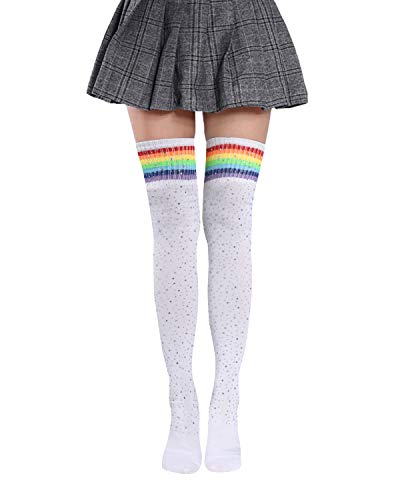 Suluia Women Sparkle Rhinestone Socks Sexy Shiny Stocking Over Knee High Sock Thin Stripes Tube Thigh High Tights