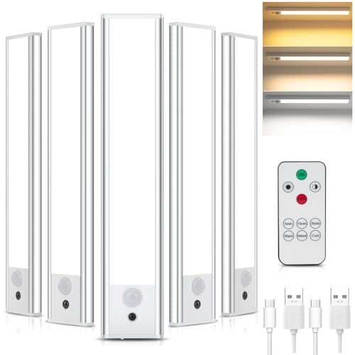 Ylatoial Luz de Armario, 5 Piezas Luz Nocturna con Sensor Movimiento, 3000K-6500K Regulable Lampara LED con Control Remoto, 20.5CM USB Recargable LED Armario para Gabinete, Cocina, Pasillo, Escalera