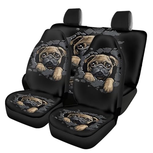 Guevoxuh 4 Piece Front and Rear Seat Covers for Vehicle Vintage Pug Dog Broken Stone Pattern Breathable Auto Seat Protector Car Interior Decoration Universal Fit Van Sedan Car Truck