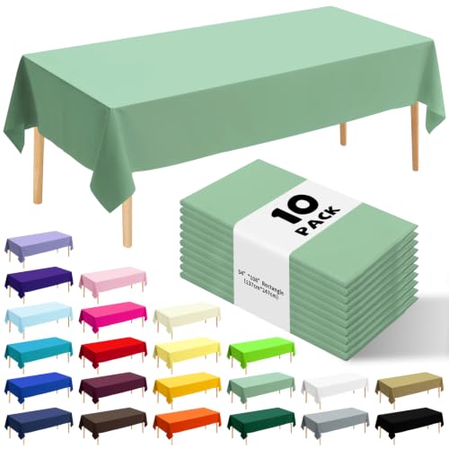 JHDZDHY 10 Pack Sage Green Plastic Table Cloth 54x108 Inch Disposable Waterproof Rectangle Tablecloth for Party Birthday Wedding Picnic Outdoor